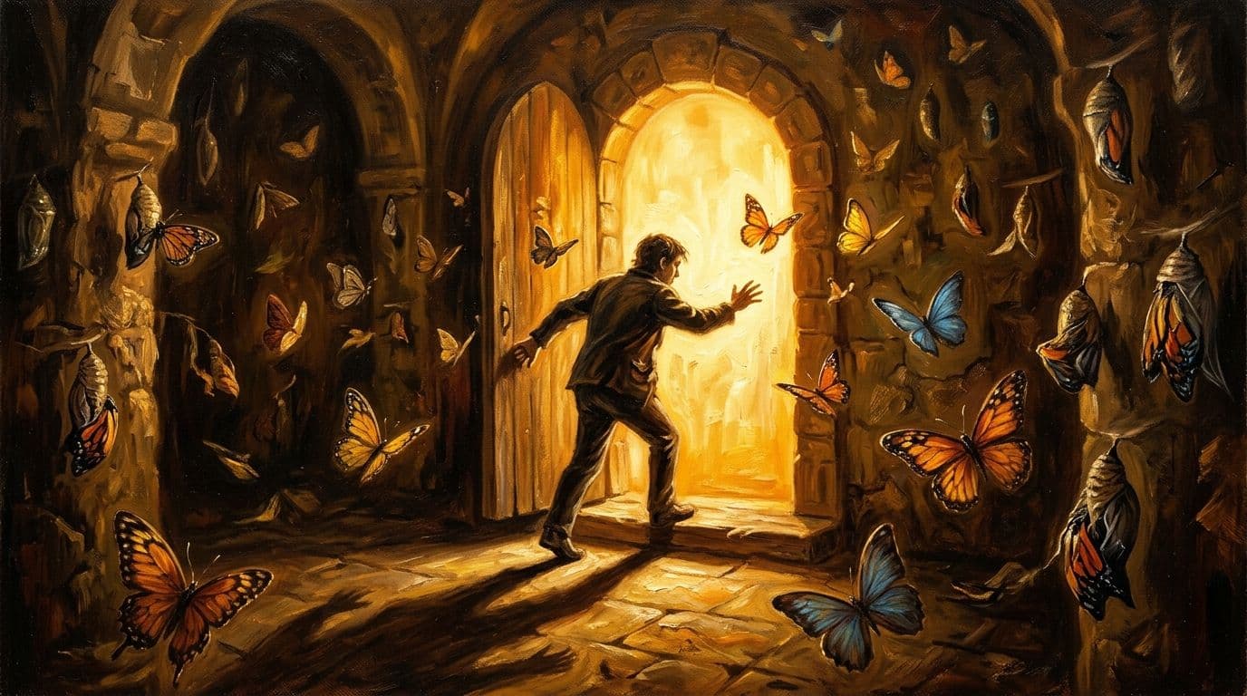 Persona en el umbral de una puerta luminosa rodeada de mariposas — miedo al cambio personal