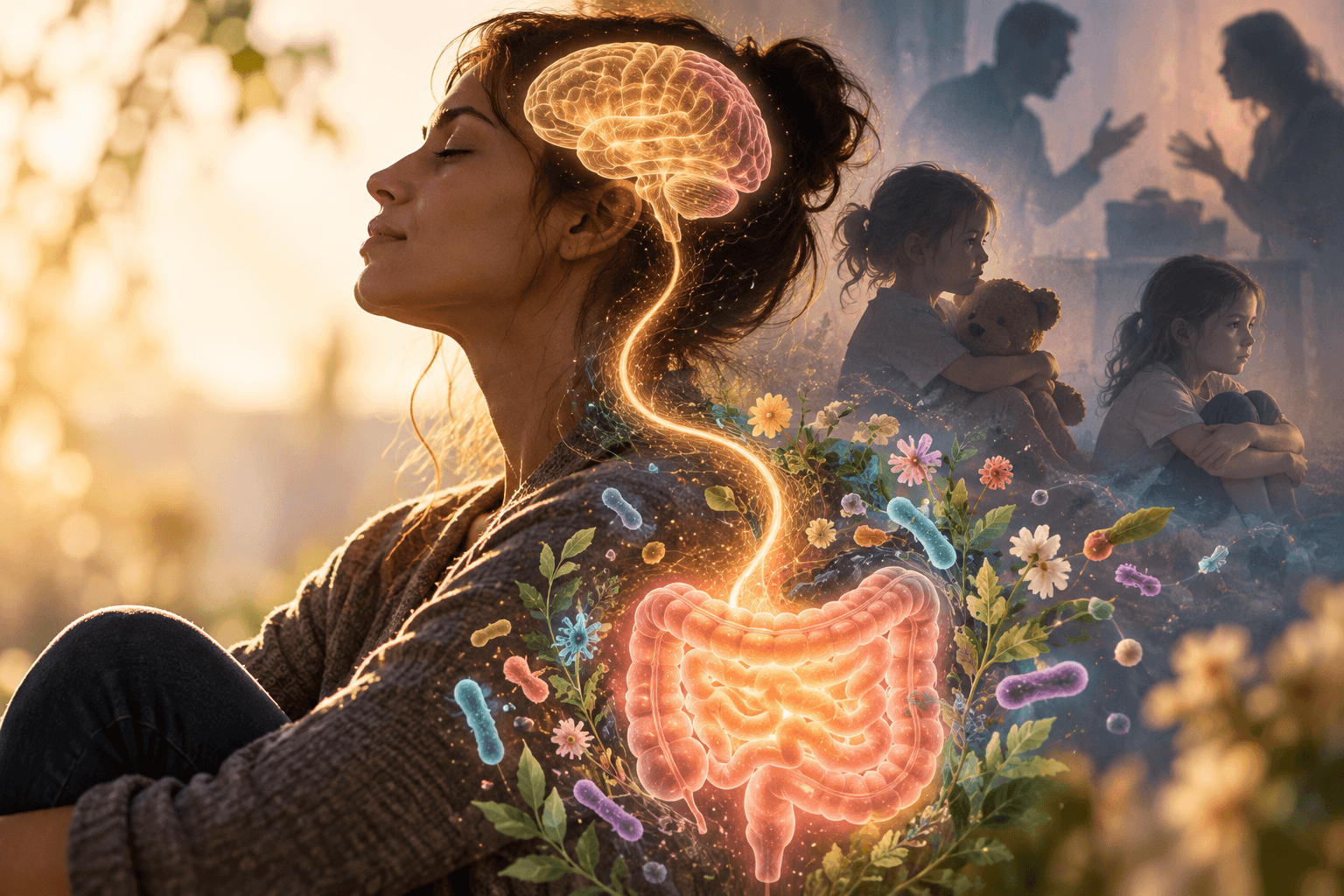 Mujer con los ojos cerrados, un cerebro y un intestino iluminados conectados por una línea de luz, rodeados de microorganismos y flores. Al fondo, siluetas de una infancia emocionalmente difícil simbolizan la relación entre trauma psicológico, estrés y microbiota intestinal.