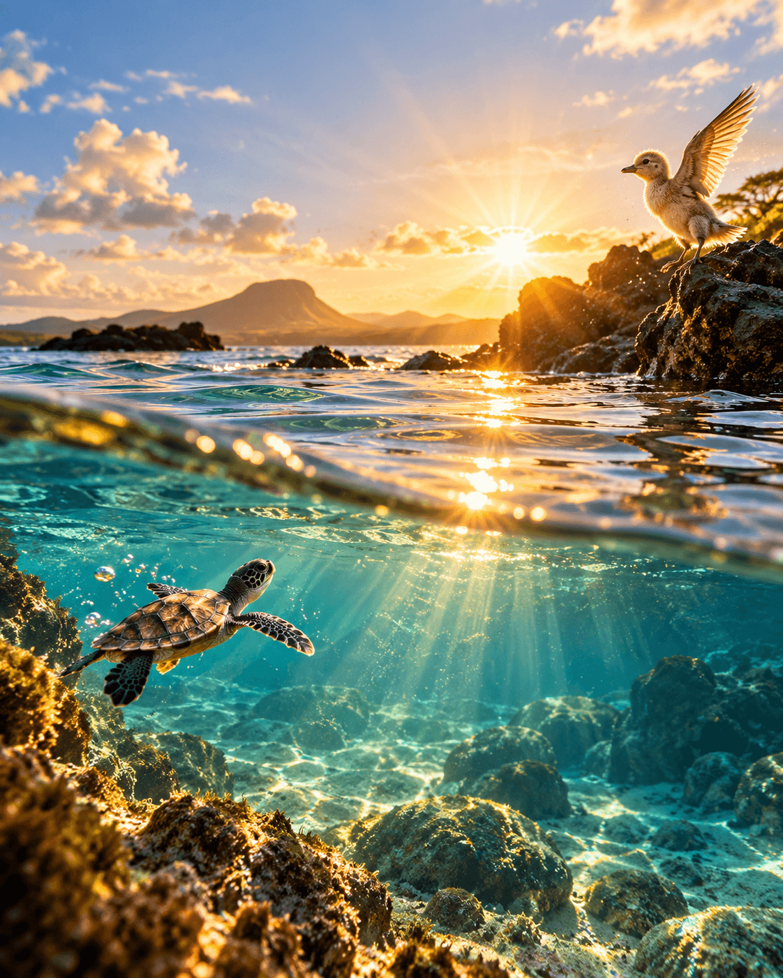 Tortuga marina nadando bajo un mar cristalino y un ave extendiendo sus alas sobre una roca volcánica al amanecer, una imagen simbólica de transformación y libertad
