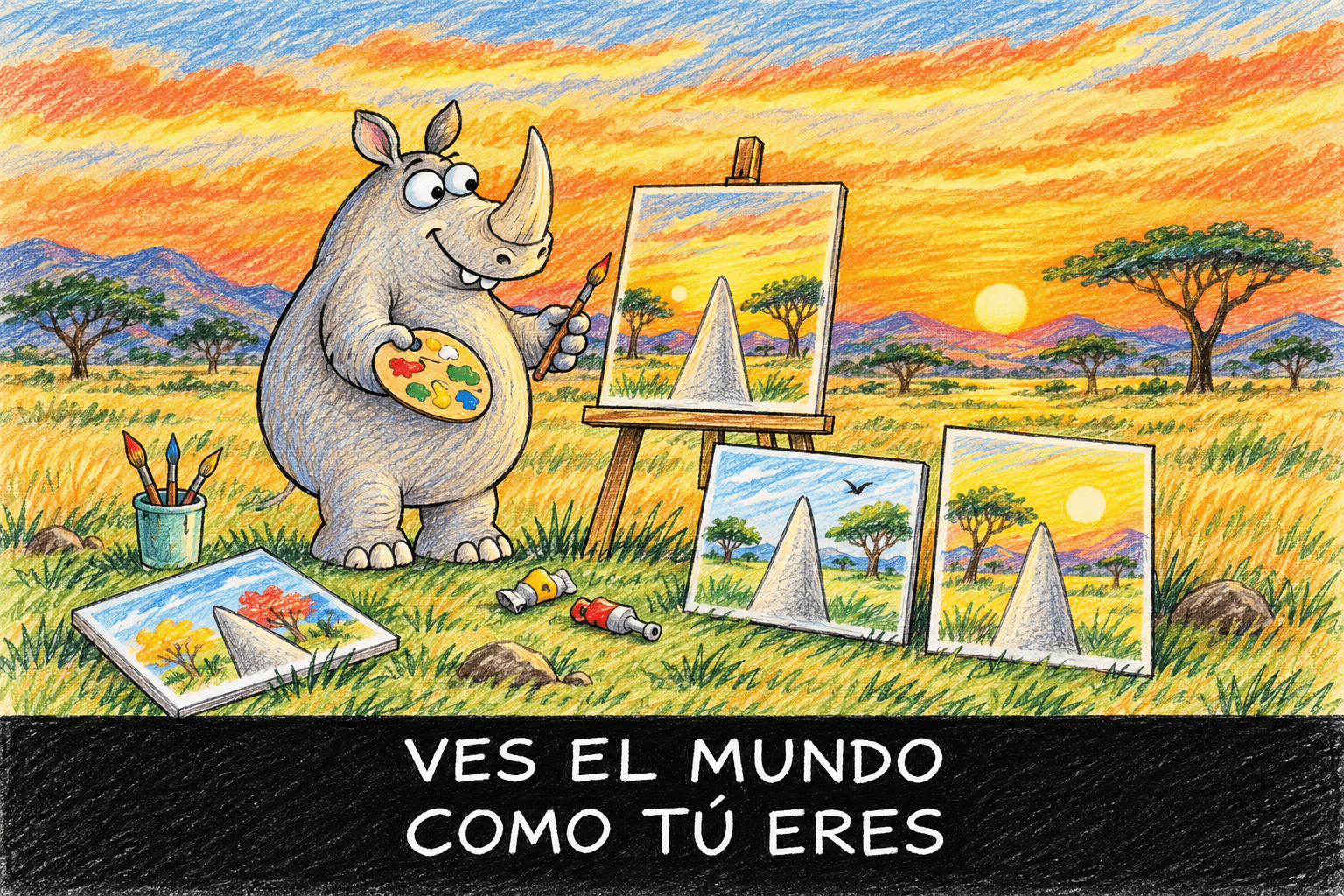 Rinoceronte pintando un paisaje de sabana al atardecer, con su cuerno reflejado en los cuadros que pinta. Ilustración a lápices de colores con el mensaje «Ves el mundo como tú eres».